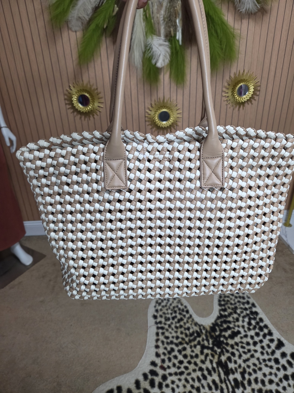 Sincerly Jules Woven Two-Tone Tote Bag in White & Tan